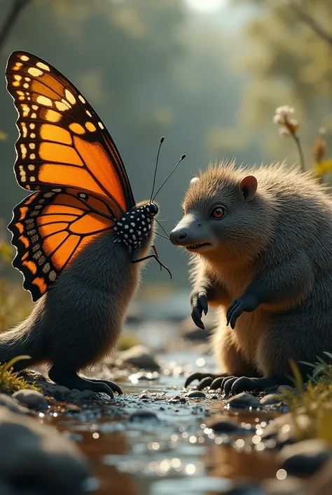  Follow the prompt to create the image :

 “An ultra-realistic image showing a butterfly and a platypus facing each other with angry expressions.  The butterfly has large, detailed wings with vibrant patterns ,  while the platypus shows its sturdy body wit...