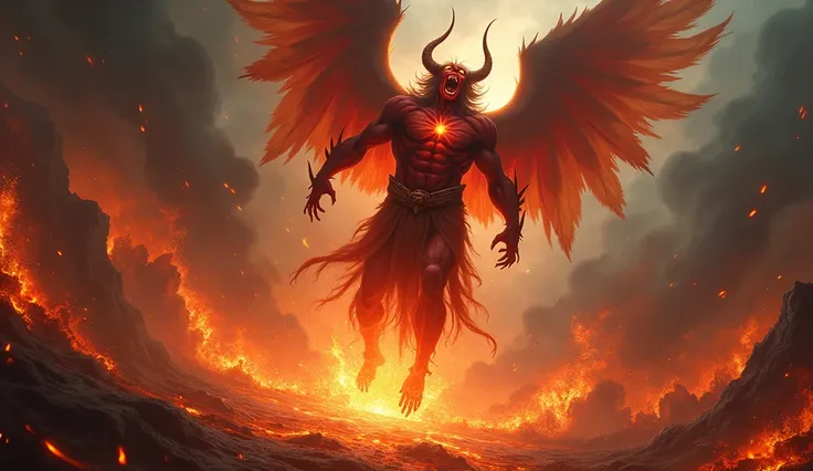 "A dramatic and intense scene depicting Satan, a towering, terrifying figure with red skin, massive horns, and fiery eyes, being cast into the fiery lake of torment. His body is engulfed in flames as he falls into the abyss, the infernal fire burning aroun...