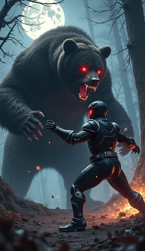 An intense, action-packed scene showcasing a powerful interaction between the black Power Ranger and a colossal bear. The Power Ranger, with his shiny black armor adorned with shadowy silver accents, is in a defensive pose as he faces the bear, who has glo...