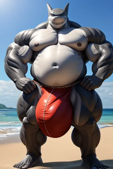 Shirtless fat gray-blue male shark beastman。Huge belly。 huge muscles。My belly is white 。 loincloth。( huge bulge :1.5)。 sandy beach。 Details。Precise depiction。 highest resolution。Maximum number of pixels。 Best Picture Quality 。 hyperreal 。 Photorealistic 。
