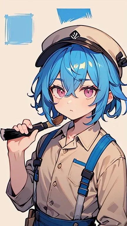 (( man holding a brush with blue hair and pink eyes)),(( wearing a blue painter hat )),((Im wearing beige painter clothes)),((He is holding a brush )),bangs, hair between eyes