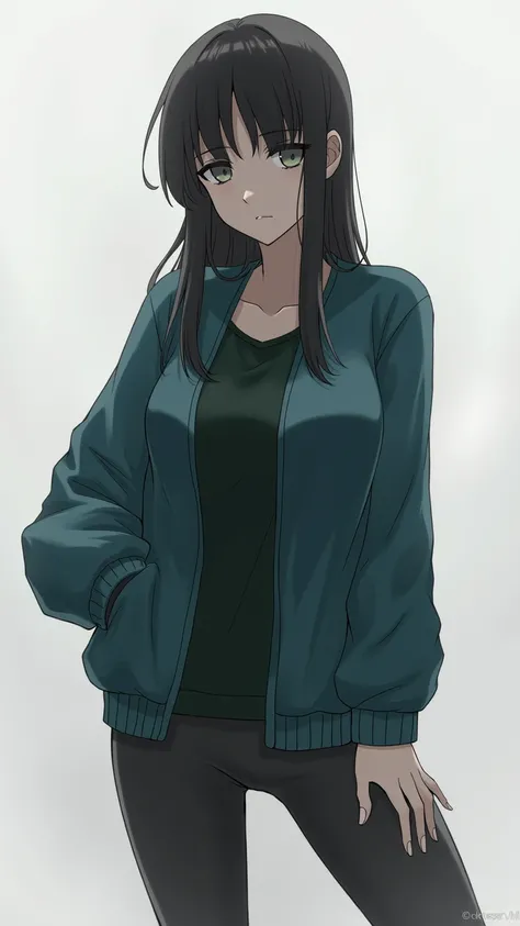 (masterpiece,  Best Quality ,  high resolution), Arishima Kana (Shinobi), teal cardigan, sweater, [Dark_ green_shirt,mini skirt, Standing, open clothes,  solo ,