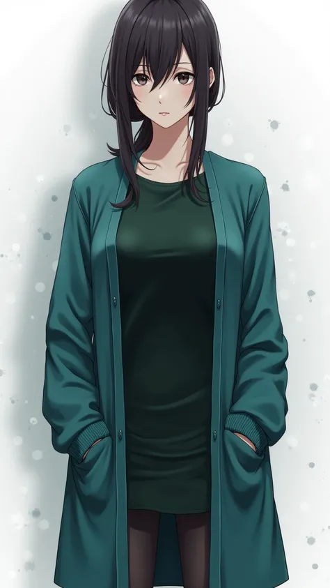 (masterpiece,  Best Quality ,  high resolution), Arishima Kana (Shinobi), teal cardigan, sweater, [Dark_ green_shirt,mini skirt, Standing, open clothes,  solo ,