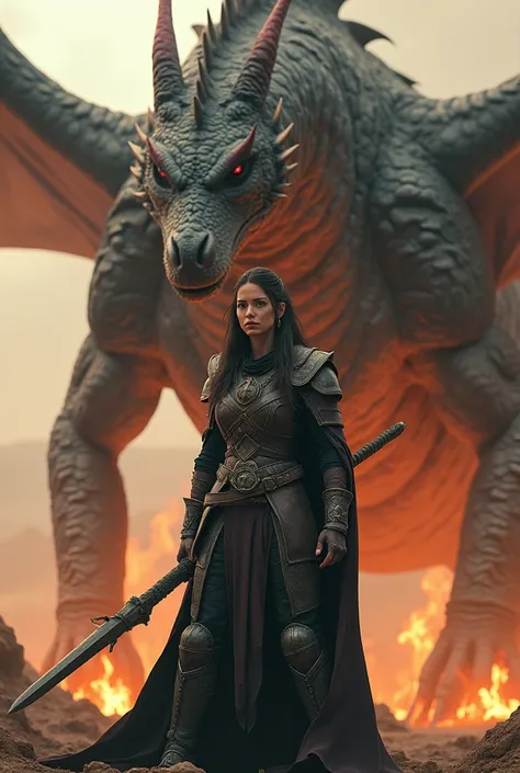 Imagine an apocalyptian female warlord standing along with her fiery dragon