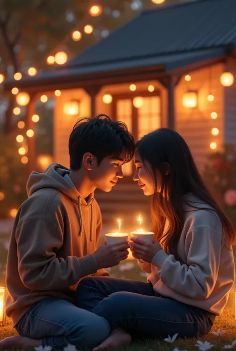 There was a couple of lovers sitting in front of the house drinking milk coffee both of them and wearing lantern lights