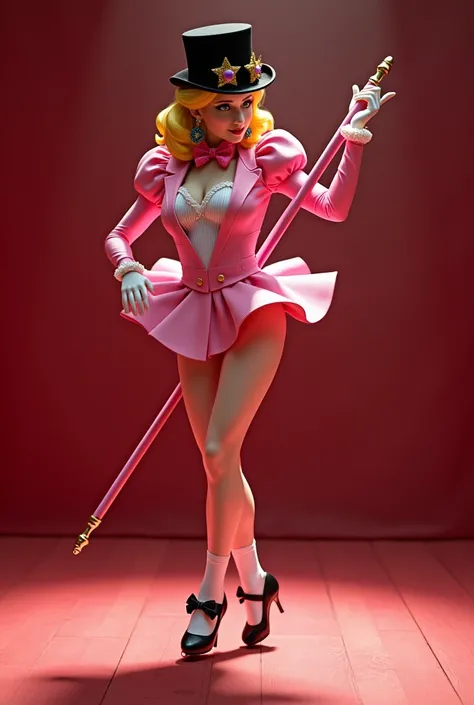 Princess Peach in a pink tuxedo leotard, pink bow, black top hat on her head, pink cane to tap dance with on her ands, with big thighs and big , lean body, black Mary Jane tap heels steels on the heels with black bows on top, with white socks, while tap da...