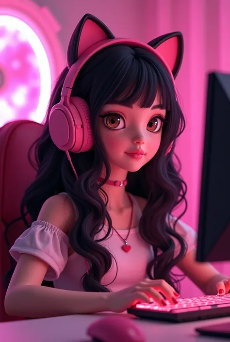 ,alone, long curly hair down ,  black and pink hair /light brown eyes, dressed in cute clothes ,  gamer girl,  pink kitten headphones ,  gamer computer behind also in the color pink, playing