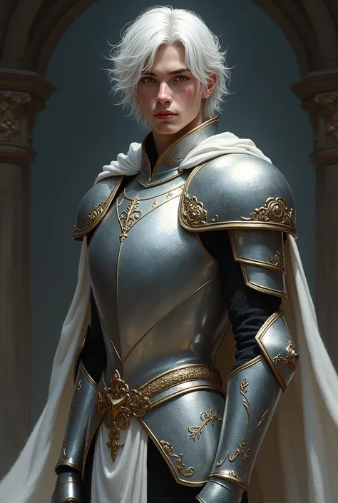  full length in full face ,asimar paladin , in silver armor and white hair,young man