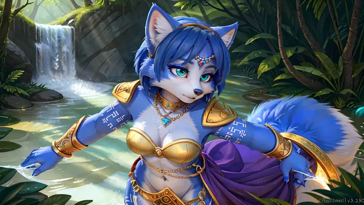 a (Portrait:1.4) from ((krystal)), Star Fox-Krystal, lovable, green eyes, ((( long blue hair 1 .3))), Decollete, anthro, Fuzzy,  detailed Fluffys fell,  detailed face , (Fluffy), Alla,    dressed in purple ghost clothes with golden glass-like icicles on th...