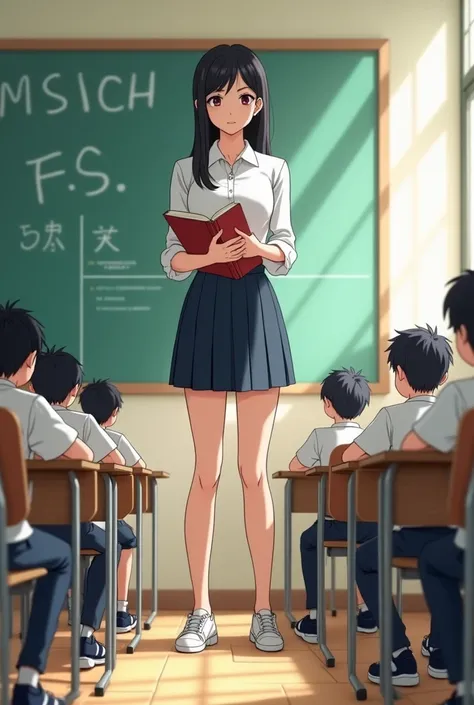 a picture in anime style of a very tall adult asian student inside a classroom, she is very tall, she is huge, surrounded by shorter male students. She is holding a book, some students are trying to compare height with her, everyone is standing near her, s...