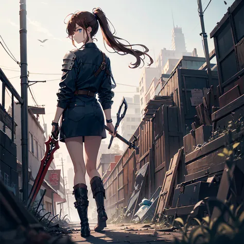 solo1.3、Abandoned City 1 .4、 Mysterious Adorable Girl 、Hold a mechanic rod-shaped weapon 1.7、Leather Armor 1 .5、 Black Mechanic Machine Cage Hand 1 .5、 Black Mechanic Machine Boots 、Reddish brown hair、Dark Light Blue Eyes 、very long ponytail1.3、messy hair、