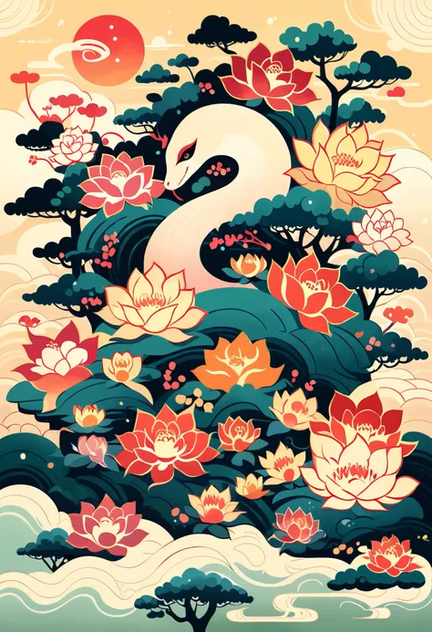 rating_safe, score_9, score_8_up, score_7_up, score_6_up, score_5_up, score_4_up, hires, source_furry, cover page, The Legend of the White Snake, Bai she zhuàn , flat Design, vector illustrations, graphic illustration, detailed 2d illustration, flat illust...