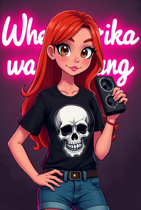 Make a cartoon style image , A grown up girl,  with long red hair ,  brown eyes , black t-shirt with skull and holding a speaker, colors pink and black , placa escrito WHEN DRIKA WAS YOUNG neon