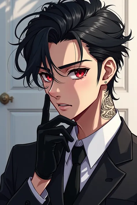 1 boy, masculine focus,  ichigoes body medium black hair has red eyes,   white skin,  wears a suit, has a tattoo  ,  wears black gloves outdoors perfect face  ( masterpiece ), ( best quality), ( super detailed), aesthetics,  illustration,  perfect and silk...