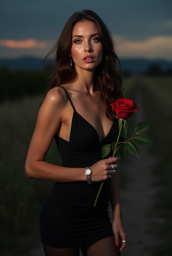 ((best quality)), ((masterpiece)), (detailed), perfect face realistic photo of beautiful woman with long dark brown hair and a necklace, Russian, influencer, light freckles, blue eyes eyes, big lips, no makeup, wearing detailed bracelet, wearing detailed w...