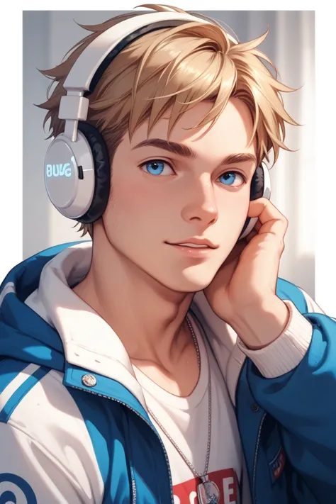 blogger, guy with blue eyes and white headphones 