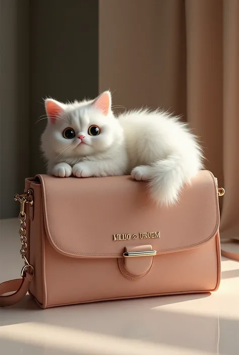 Red bag embossed with LAYIS ( serif classic elegant) with white fur cat  
