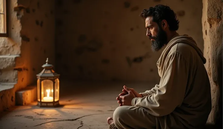 Daniel, 2500 years ago, is seen in a private moment of prayer, his posture upright and hands clasped in quiet determination. His simple robe reflects his humility, and the soft light from a nearby lantern accentuates his serene expression. The room, sparse...