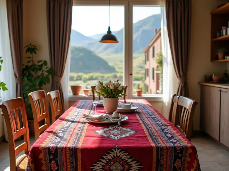 Generate a table with a Peruvian tablecloth , Let the table be seen first without any element on the table,  in the background a kitchen that has a large window showing a part of the Peruvian landscape, LET THE IMAGE BE HORIZONTAL
