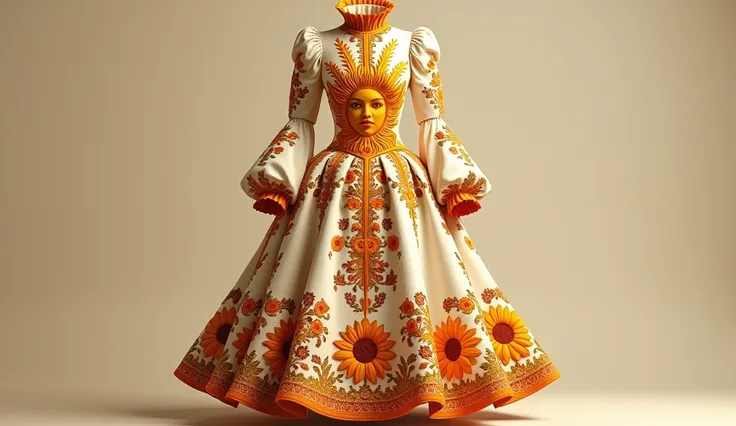 Image showcases a vintage-style, long-sleeved dress with a high collar and a flared skirt. The dress is predominantly cream-colored with intricate, bold orange and yellow designs. The bodice features a large sun motif with a face, surrounded by rays extend...