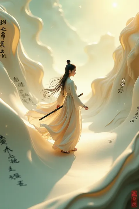 Drone perspective.A small ancient Chinese
young woman walks on a number of undulating
scrolls covered with calligraphy characters. She
carries a long sword, wears a flowing soft silk
Hanfu, and her long hair moves in the wind. 3D
rendered Chinese ink paint...