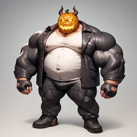 a big giant man with musclegut tall body and big fat belly using black jacket with white shirt on it, black pants, gloves, and pumpkin mask that cover all the face. full body, standing still, solo, very big, very tall, very muscular, very fat, glowing eyes...