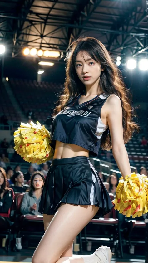 A beautiful young Japanese woman, 20 years old, with perfect anatomy, healthy thighs, beautiful feet, flawless skin, random hair color and style, large bust, wearing a cheerleader uniform with micro-pleated miniskirt, in a full-body shot, standing in a sta...