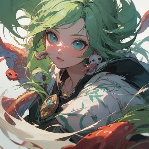 ((best quality)), ((masterpiece)), (detailed), woman with green hair, holding a sword, (Artgerm inspired:1.2), (pixiv contest winner:1.1), (octopus goddess:1.3), (Berserk art style:1.2), close-up portrait, goddess skull, (Senna from League of Legends:1.1),...