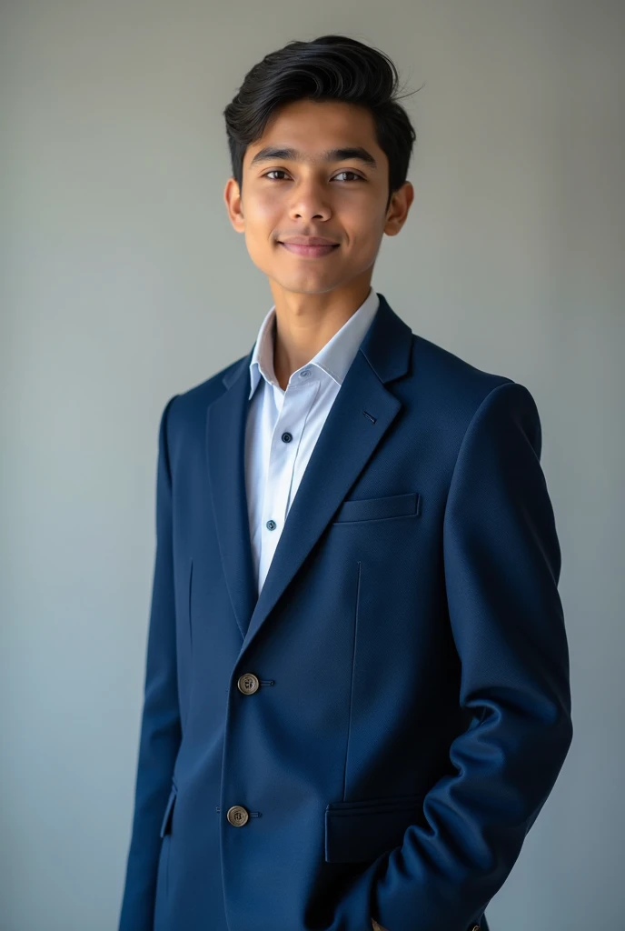 18 year old indian boy With fair skin Wearing blue coat and narrow body Posing for a linkedin picture in formals