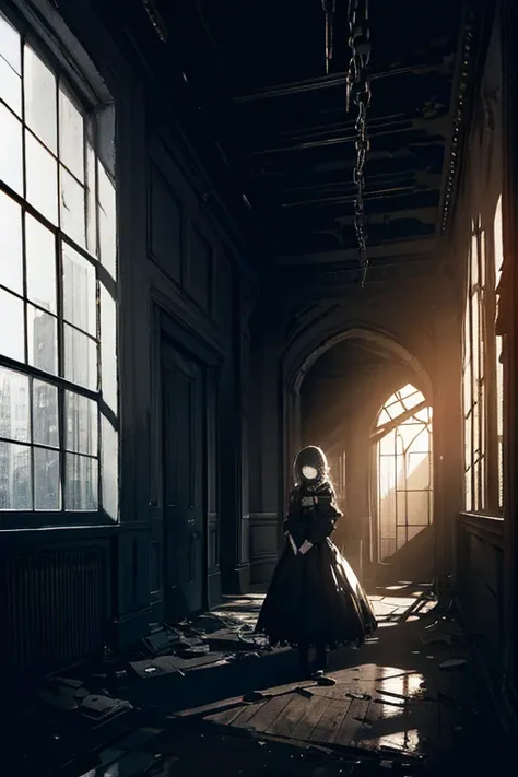 intricate detailed lock, girl trapped alone, tears in her eyes, broken chains, dark moody lighting, dramatic shadows, gritty abandoned building interior, high contrast, cinematic, muted color palette, dramatic lighting, chiaroscuro, grungy, melancholy, emo...