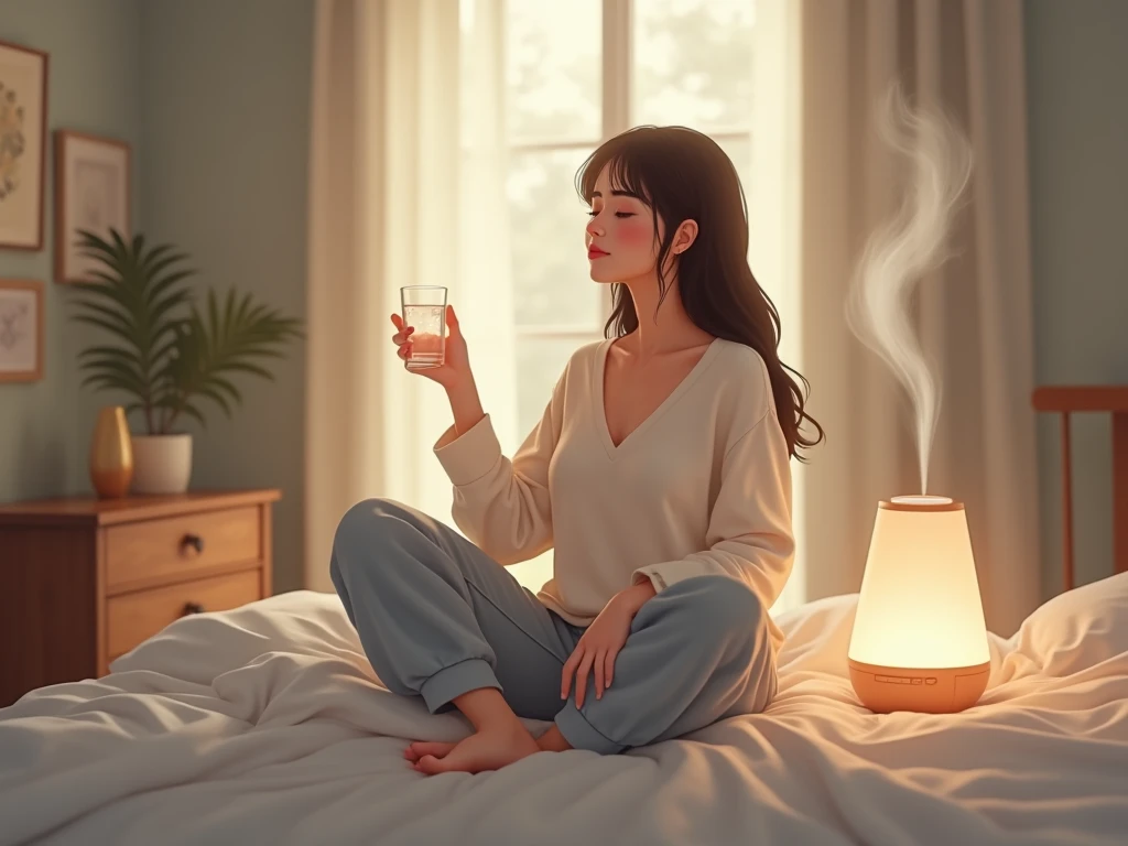 A woman sitting in bed drinking water ,  There is a humidifier next to her and mist is coming out.