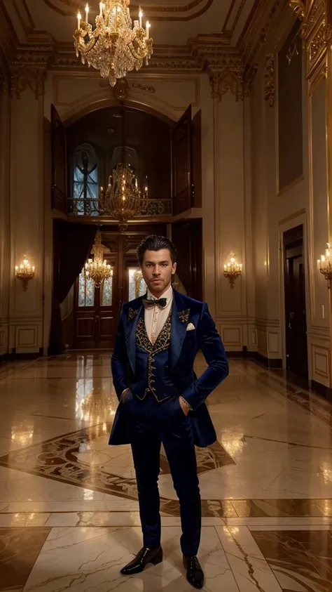 A man standing in a grand ballroom, wearing an elegant outfit inspired by the Beast from Beauty and the Beast. His outfit includes a deep blue velvet tailcoat with intricate gold embroidery, a white ruffled shirt beneath, and a crimson waistcoat with golde...