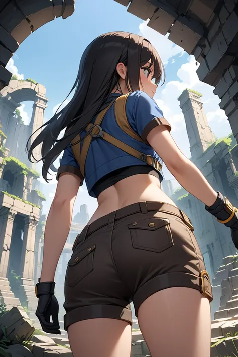 A female explorer is watching, Ancient City Ruins, cropped tops, short pants, back view from below,