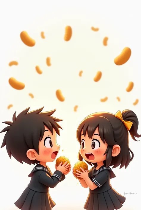 A group of students boy & girl are eating delicious honey nut in a cheerful atmosphere against a bright white background. The smiles, jokes, and excitement on their faces seem to express the joy of having a fun time together. Each student is wearing school...