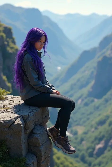 ultra realism, photorealistic, A 22-year-old Latina woman with super long shiny purple hair and blue eyes, sitting on the edge of a mountain cliff. She’s wearing an athletic outfit, a windbreaker, and leggings, with hiking boots. The expansive view of a lu...