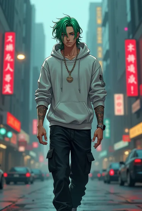 Anime, 3d anime, gangster, male 25 years old, long cool hair, green hair, piercing, handsome face, full hand tattoo, wear white hoodie, wear black cargo pants, wear black converse shoes, wear chain, walking pose, city background, full body picture, realist...