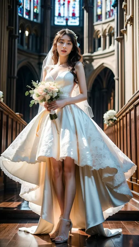 A beautiful young Japanese woman, 26 years old, with healthy thighs, beautiful legs, flawless skin, random hair color and style, large breasts, wearing a (wedding dress:1.3), full body shot, high heels, holding a bouquet in her hands, in a church setting, ...