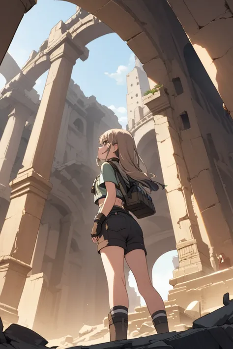 A female explorer is watching, Ancient City Ruins, cropped tops, short pants, back view from below,