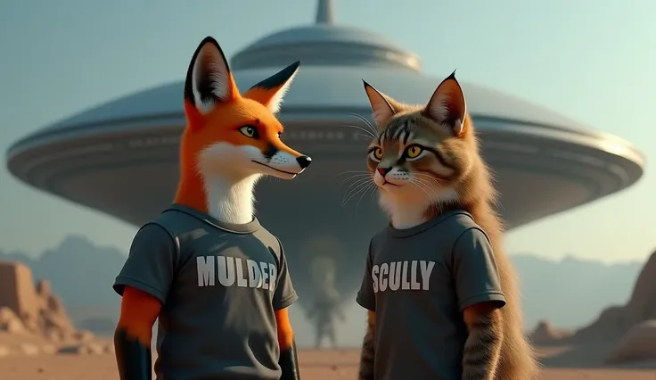 a fox  and a dark brown long hair tabby cat anthropomorphized,  fox is wearing a t-shirt with "MULDER" written on it very visible to read , and the cat is wearing a t-shirt with"SCULLY" written on it also very easy to see, with a large flying saucer landed...