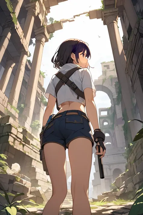 A female explorer is watching, Ancient City Ruins, cropped tops, short pants, back view from below,