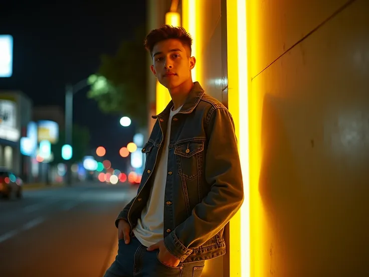 Neon yellow light  on the back of wall "El-Hafidz" name loke studio setup 

Malay Young man skinny,short hair, posing in the night Street "White shirt, blue denim jacket, and jeans, paired with Dr. Martens shoes."