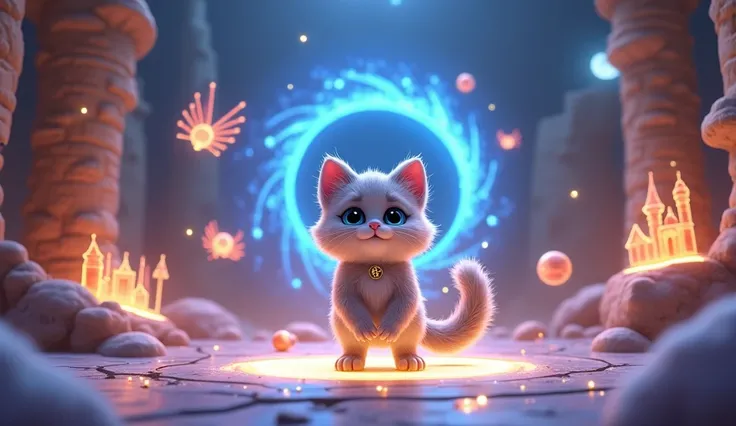 “In a 3D Disney-Pixar animation style, Luna, the fluffy silver-gray tabby cat with mesmerizing blue eyes, stands heroically on a glowing futuristic platform surrounded by floating holograms showing glimpses of ancient Egypt, medieval castles, and a vibrant...