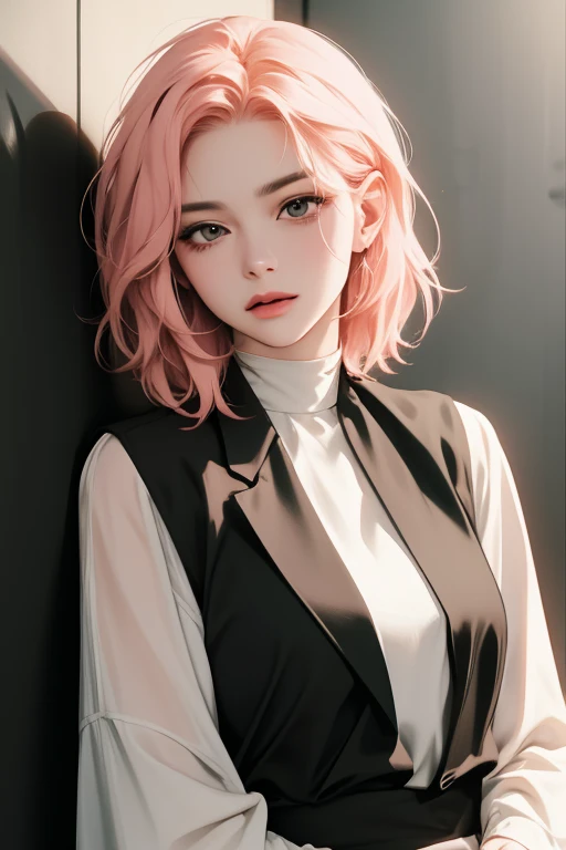 above view, surprised, (best quality, ((masterpiece)), 8K resolution, cinematic lighting, ultra detailed, Semi-realistic, beautiful detailed eyes),1 woman, korean, ((35-year-old)), black eyes ((Blunt bangs, salmon pink medium hair, hush cut)), digital art,...