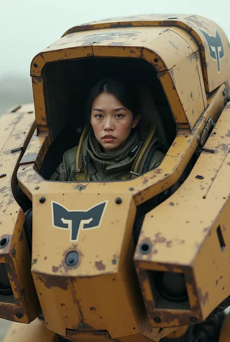 
８ｋ, realistic skin texture 、 super realism 、 staring at the camera,  realistic pictures、 Near future アメリカ軍所属の日系女性パイロットが大型ロボットの腹部に設置されたコックピットに乗っている、Damaged sand beige combat armored robot、Fox mark on armor、 Near future 、Unit paint and identification number...