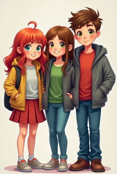 2 girls, 1 boy,  the first girl has red hair and blue eyes and a red skirt and a green T-shirt and a gray jacket ,  the second girl has brown long hair , green eyes, blue pants and a red t-shirt ,  the boy has short brown hair He has brown eyes ,  a gray t...