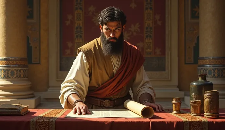 Daniel, 2500 years ago, is shown in a Babylonian court, his face focused and intense as he stands before a scroll, reviewing important matters of state. His simple attire contrasts with the ornate surroundings, emphasizing his dedication to excellence over...