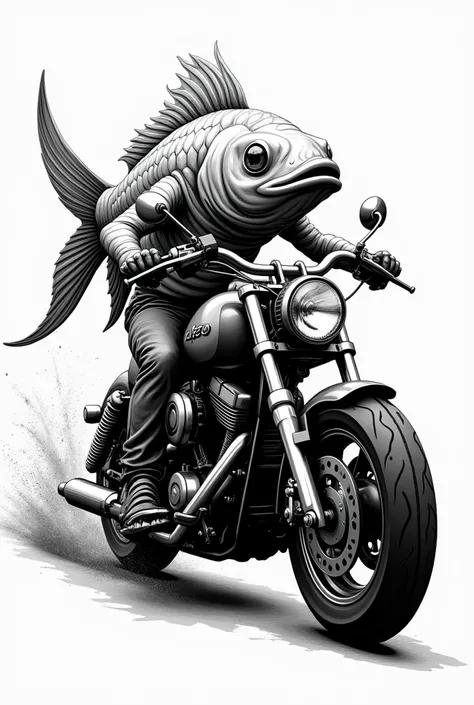 Fish on a motorbike with flames stencil in black and white 