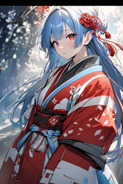 Japanese girl, Sky blue haired ,  with red and white kimono, 18-year-old bright red full-bodied eyes