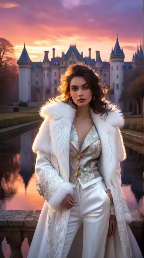 half body of A woman of rokkoko and modern styles gazes straight at the viewer. frontview,Her attire is a blend of flowing clothes and a white fur jacket She is standing amidst a magical castle filled with an aura of mystery. Create this image, reflecting ...