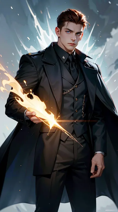 One young man, smug face, black suit longcoat, Schutzstaffel officer, nazi german, broad shoulders, long auburn hair, hd light and dark, balance rendering, HD lighting and dark )<=(epic image quality) dark atmosphere, snow in the background 